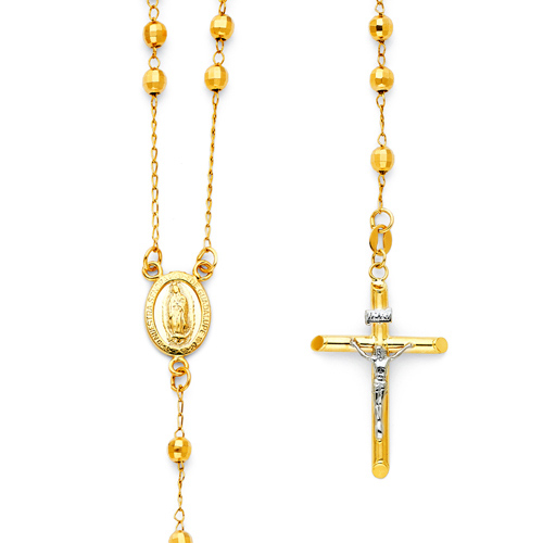 4mm Mirrorball Bead Our Lady of Guadalupe Rosary Necklace in 14K Two-Tone Gold 26in