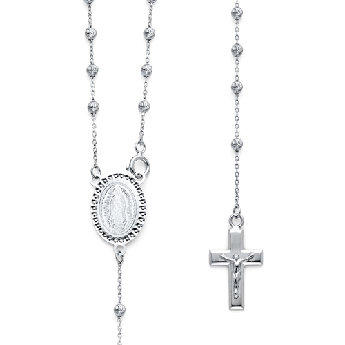 2.5mm Moon-Cut Bead Our Lady of Guadalupe Rosary Necklace in 14K White Gold 20in