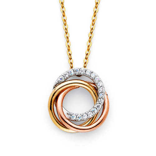 CZ Trinity Infinity Rings Necklace in 14K TriGold