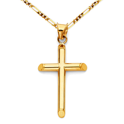 Small Rod Cross Necklace with Figaro Chain - 14K Yellow Gold (16-24in)