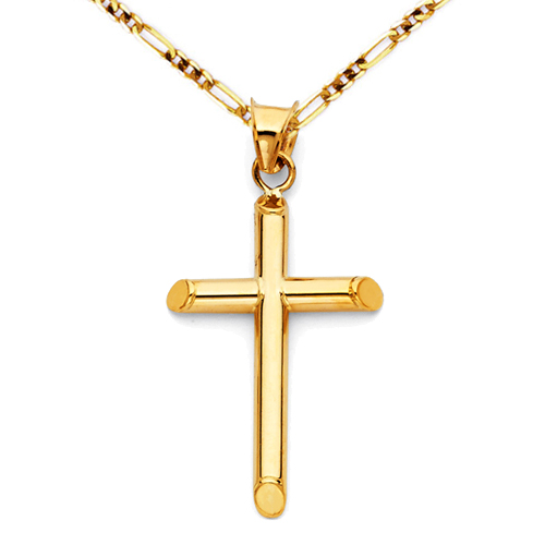 Small Slanted-Edge Cross Necklace with Figaro Chain - 14K Yellow Gold (16-24in)