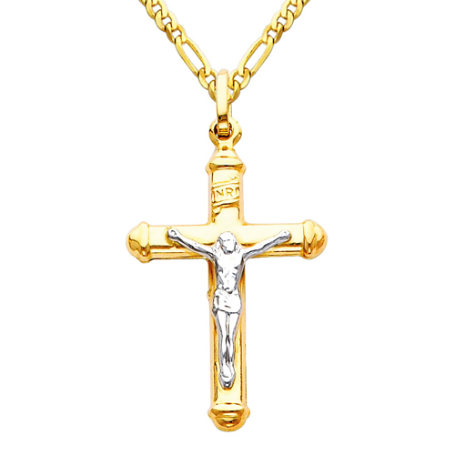 Small Tube Crucifix Necklace with Figaro Chain - 14K Two-Tone Gold (16-24in)