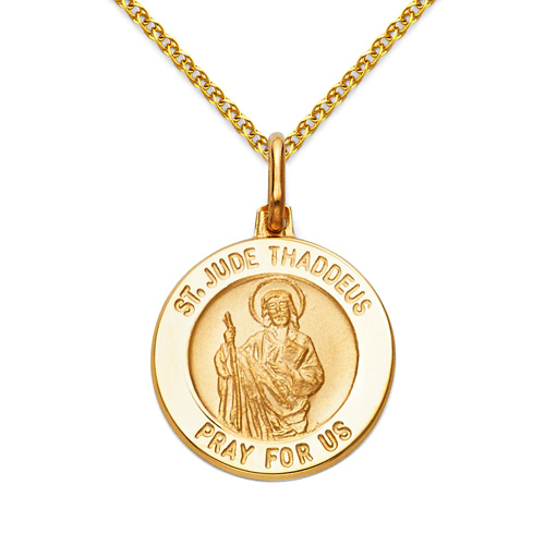 St Jude Thaddeus Petite Medal Necklace with Spiga Chain - 14K Yellow Gold 16-22in