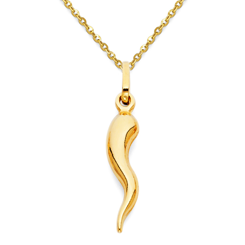 Small Cornicello Italian Horn Necklace with Diamond-Cut Cable Chain - 14K Yellow Gold (16-22in)