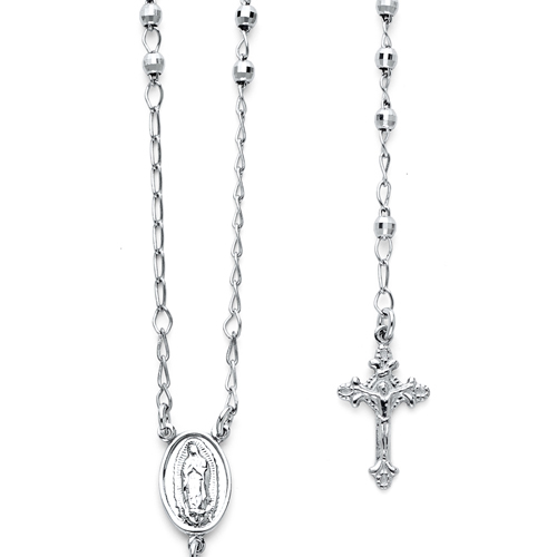 3mm Mirrorball Bead Our Lady of Guadalupe Rosary Necklace in Sterling Silver with Budded Crucifix 26in