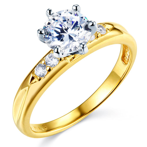1-CT Round-Cut with Pave Side Stones CZ Engagement Ring in 14K Yellow Gold