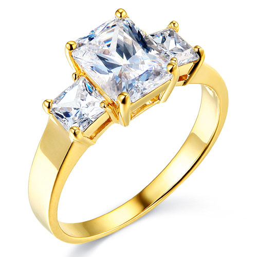 3-Stone Basket Radiant & Princess-Cut CZ Engagement Ring in 14K Yellow Gold