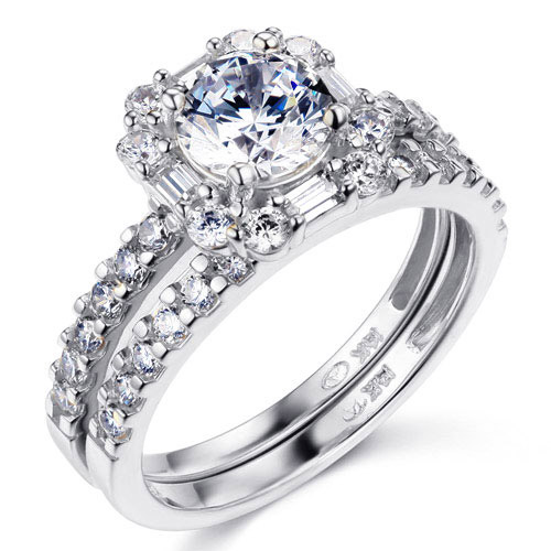 Squared Halo Baguette & Round-Cut CZ Wedding Ring Set in 14K White Gold ...