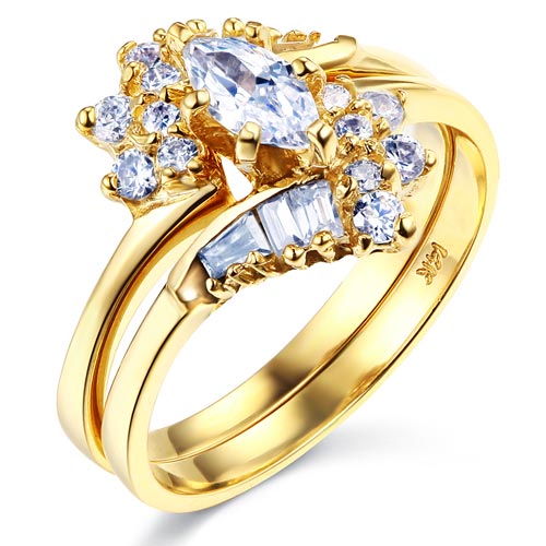 Marquise-Cut & Baguette Side CZ Engagement Ring Set in 14K Yellow Gold