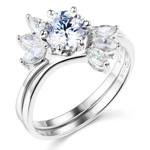 1-CT Round & Marquise-Cut CZ Wedding Ring Set in 14K White Gold