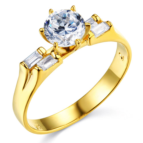 1-CT Round-Cut & 2-Row Baguette CZ Engagement Ring in 14K Yellow Gold