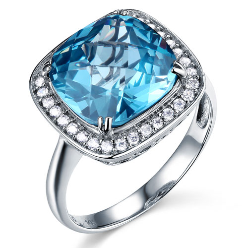 4.9-CT Aqua Blue Cushion-Cut Halo CZ Engagement Ring in 14K White Gold
