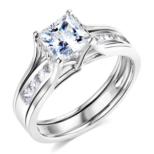 Split Shank 1-CT Princess-Cut Solitaire CZ Wedding Ring Set in Sterling Silver (Rhodium)