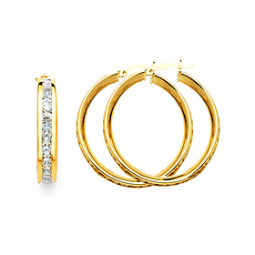 Medium Round-Cut CZ Hoop Earrings - 14K Yellow Gold 1.2 inch