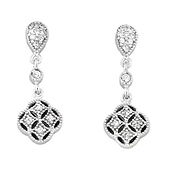 Sterling Silver Clover Pave CZ Drop Earrings