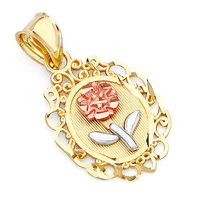 14K Tri Gold Blooming Rose Oval Medal Pendant