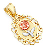 14K Tri Gold Blooming Rose Oval Medal Pendant