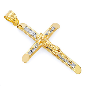 Large Floral Channel-Set CZ Crucifix Pendant in 14K Yellow Gold