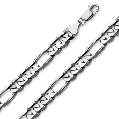 8mm 14K White Gold Solid Men's Figaro Link Chain Necklace 22-30in