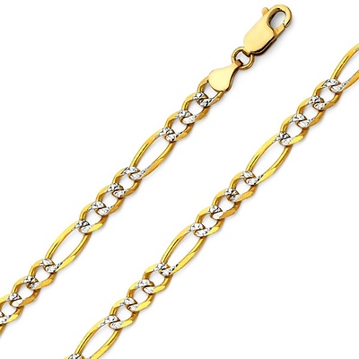 5mm 14K Two-Tone Gold Solid White Pave Figaro Chain Necklace 18-26in