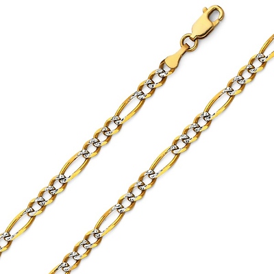 4mm 14K Two Tone Gold White Pave Figaro Link Chain Necklace 18-24in