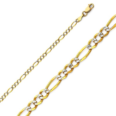 2.5mm 14K Two-Tone Gold Solid White Pave Figaro Link Chain Necklace 16-24in