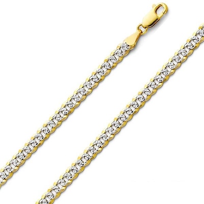 4mm 14K Two Tone Gold Men's White Pave Curb Cuban Link Chain Necklace 18-24in