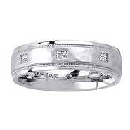 Bezel Princess-Cut Diamond Hammered 14K White Gold Wedding Band 6mm