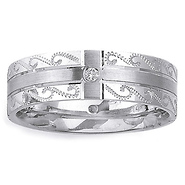 7mm Scroll Engraved 14K White Gold Round Diamond Wedding Band