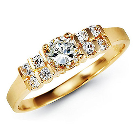 2-Row Side & Solitaire Round-Cut CZ Engagement Ring in 14K Yellow Gold
