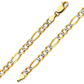 5mm 14K Two-Tone Gold White Pave Figaro Chain Link Bracelet 7.5in
