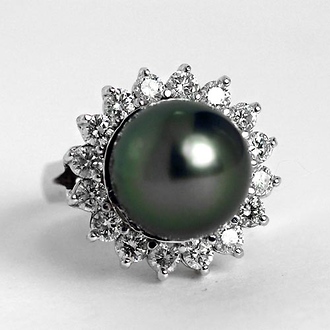 Tahitian Black Pearl Cocktail Ring with Diamonds - 14K White Gold