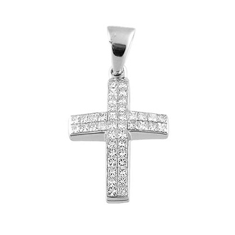14K White Gold Invisible Set Diamond Cross Pendant