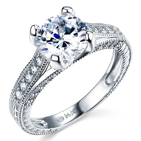 Art Deco Engraved 1-CT Round-Cut CZ Engagement Ring in 14K White Gold