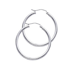 Polished Hinge Round Medium Hoop Earrings - 14K White Gold 2mm x 1.38 inch