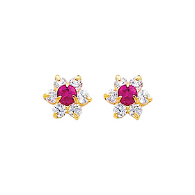 Flower Birthstone Color CZ Stud Earrings in 14K Yellow Gold