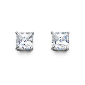 5mm 14K White Gold Princess-Cut Cubic Zirconia CZ Stud Earrings 1.5ctw - Push Backs