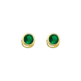 14K Yellow Gold Round Emerald CZ May Birthstone Stud Earrings