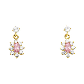 14K Yellow Gold Hanging Flower Pink CZ Stud Earrings