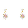 14K Yellow Gold Hanging Flower Pink CZ Stud Earrings