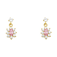 14K Yellow Gold Hanging Flower Pink CZ Stud Earrings