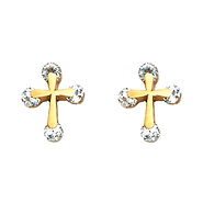 14K Yellow Gold Cross CZ Stud Earrings