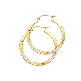 Diamond-Cut Flat Satin Medium Hoop Earrings - 14K Yellow Gold 1 inch