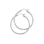 14K White Gold Diamond-Cut Hinge Medium Hoop Earrings - 2mm x 1.3 inch