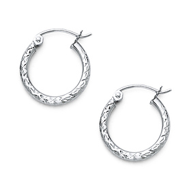 Diamond-Cut Hinge Petite Hoop Earrings - 14K White Gold 2mm x 0.6 inch