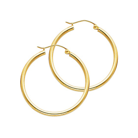 Polished Round Medium Hoop Earrings - 14K Yellow Gold 2mm x 1.38 inch