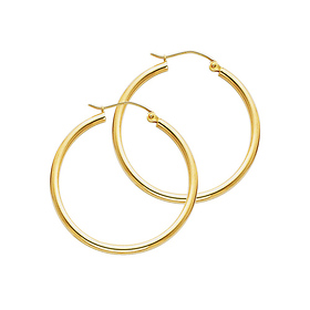 Polished Round Medium Hoop Earrings - 14K Yellow Gold 2mm x 1.2 inch