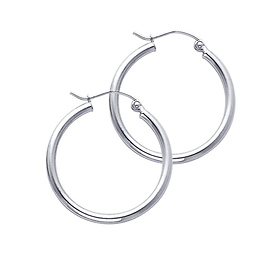 Polished Hinge Medium Hoop Earrings - 14K White Gold 2mm x 1 inch