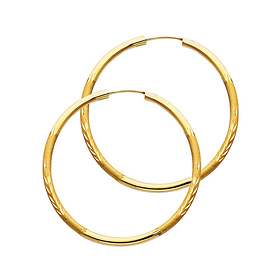 Diamond-Cut Satin Endless Medium Hoop Earrings - 14K Yellow Gold 2mm x 1.6 inch