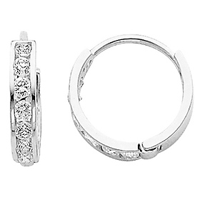 Medium 7 Stone 14K White Gold CZ Huggie Earrings 2mm x 12mm